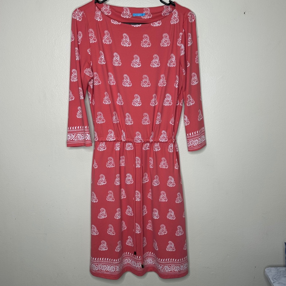 J McLaughlin Marianne 3/4 Sleeve Coral Patterned Dress Nylon size Medium - Picture 2 of 8